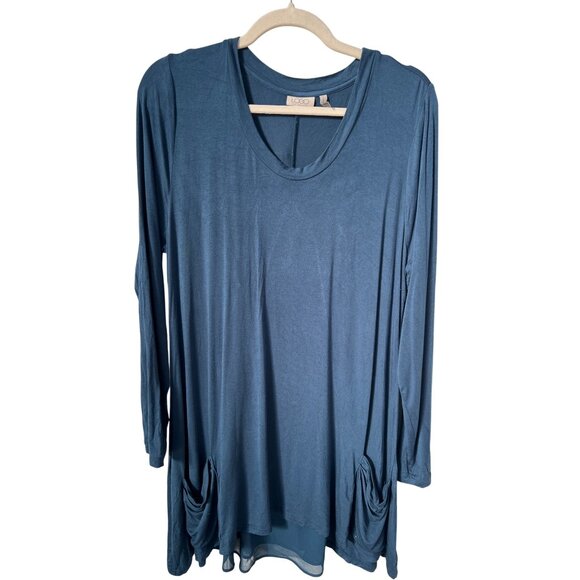 LOGO by Lori Goldstein Long Sleeve Tunic Top Size L Split Back Chiffon Trim Blue - Picture 1 of 6